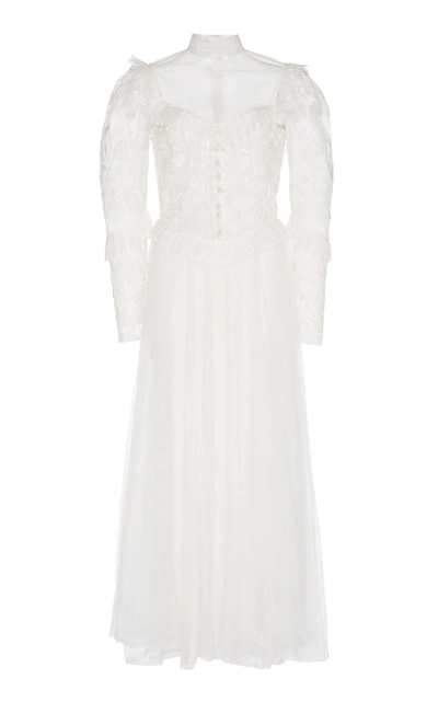 Shop Sandra Mansour Lace Embroidered Midi Dress In White