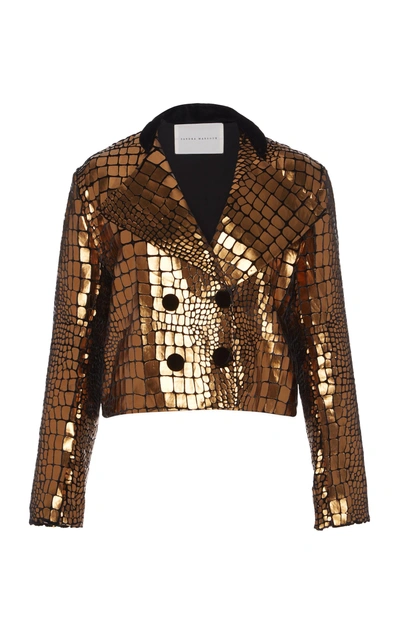 Shop Sandra Mansour Serpent Pleather Velvet Cropped Jacket In Gold