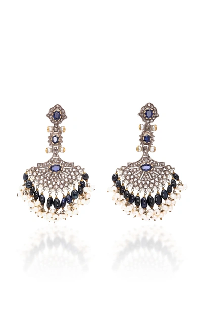 Shop Sanjay Kasliwal Indo-russian 14k Gold Pearl Sapphire And Diamond Earrings In Blue