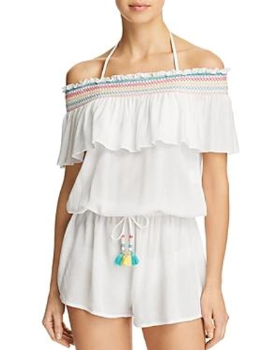 Shop Isabella Rose Crystal Cove Smocked Romper Swim Cover-up In White