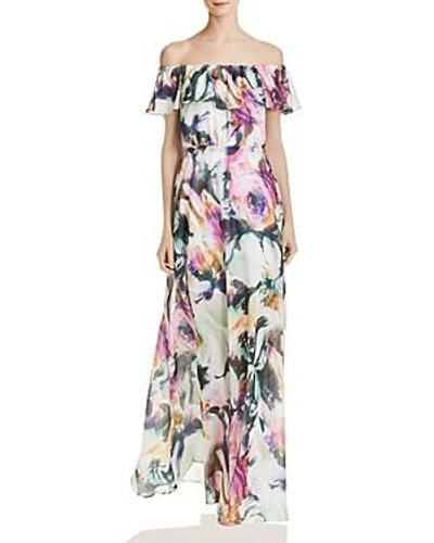 Shop Betsey Johnson Floral Chiffon Off-the-shoulder Maxi Dress In Pink Multi