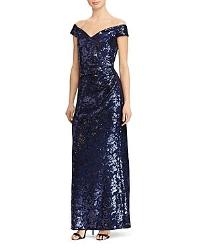 Shop Ralph Lauren Lauren  Off-the-shoulder Sequin Gown In Indigo/indigo Shine