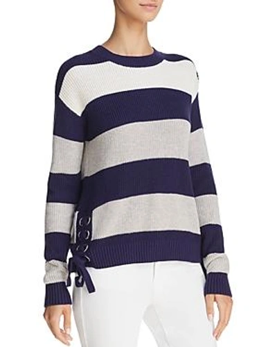 Shop Minnie Rose Lace-up Striped Sweater In Navy Combo