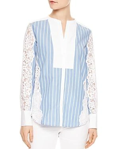 Shop Sandro Deve Striped Lace-inset Top In Sky Blue