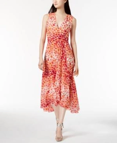 Shop Calvin Klein Printed Chiffon Faux-wrap Dress, Regular & Petite Sizes In Watermelon Multi