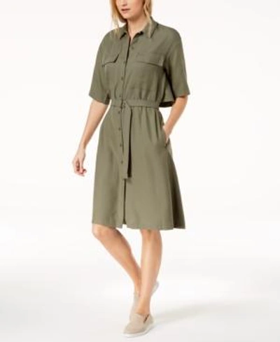 Shop Lacoste Popover-back Pique Belted Shirtdress In Army