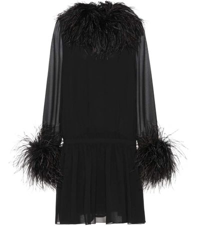 Shop Saint Laurent Feather-trimmed Silk Minidress In Black