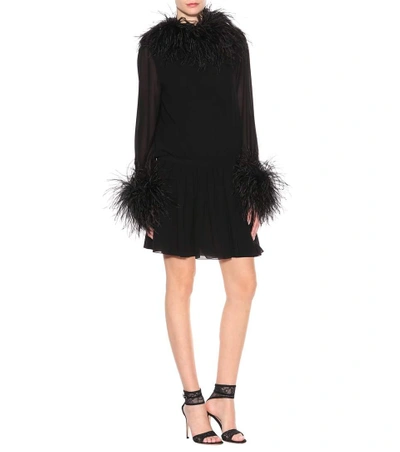 Shop Saint Laurent Feather-trimmed Silk Minidress In Black