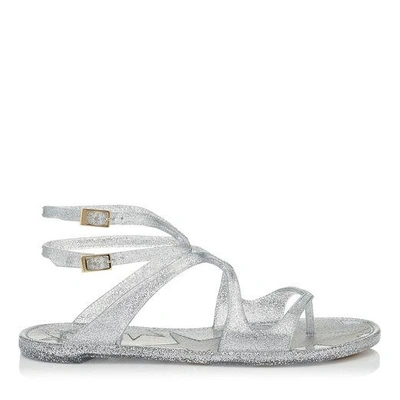 Shop Jimmy Choo Lance Jelly Silver Glitter Rubber Jelly Sandals In Silver/gold
