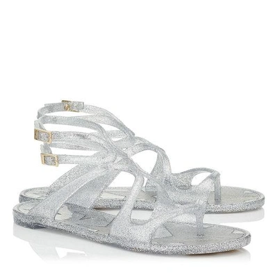 Shop Jimmy Choo Lance Jelly Silver Glitter Rubber Jelly Sandals In Silver/gold