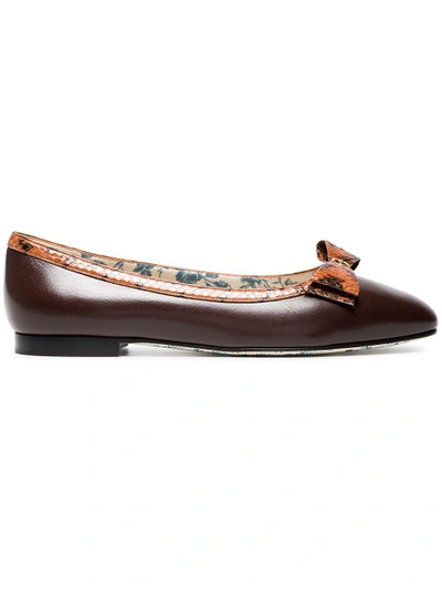 Shop Gucci Brown Snakeskin Bow Leather Ballet Flats