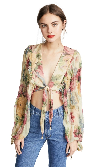Zimmermann Melody Cropped Tie-front Floral-print Silk-crepon Top In  Multicolour | ModeSens