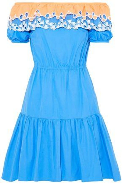 Shop Peter Pilotto Woman Pallas Off-the-shoulder Cutout Embroidered Cotton-poplin Dress Blue