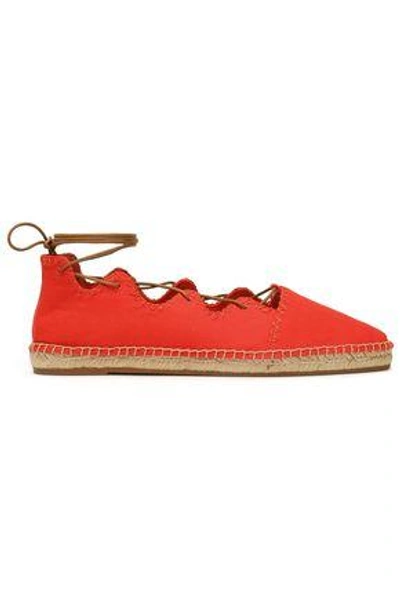 Shop Tory Burch Woman Embroidered Lace-up Canvas Espadrilles Red