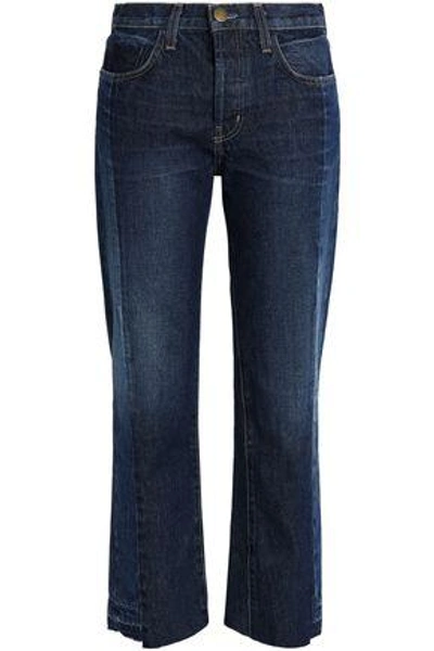 Shop Current Elliott The Selvedge Uneven Paneled Mid-rise Straight-leg Jeans In Dark Denim