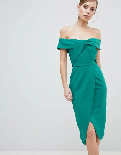 Shop Lavish Alice Bardot Knot Front Midi Pencil Dress - Green