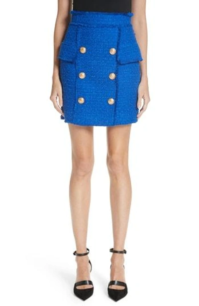 Shop Balmain Button Detail Tweed Miniskirt In Electric Blue