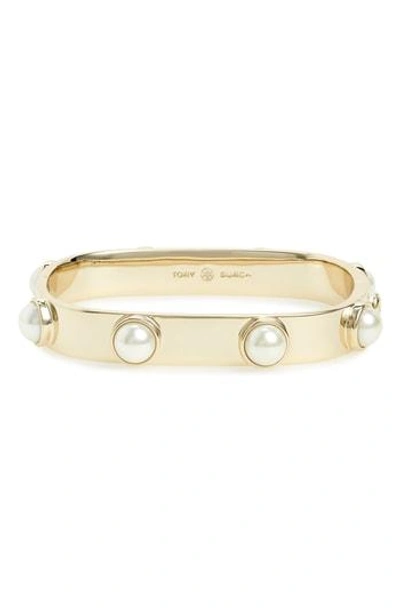 Shop Tory Burch Stacked Studded Imitation Pearl Bracelet In Tory Gold/ Tory Silver