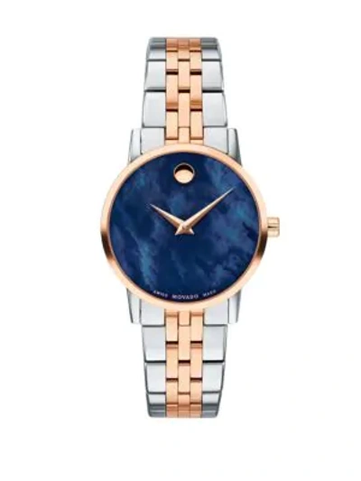Shop Movado Classic Rose Gold & Stainless Steel Bracelet Watch In Blue