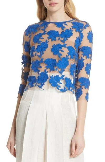 Shop Tracy Reese Sheer Embroidered Floral Top In Blue Pigment