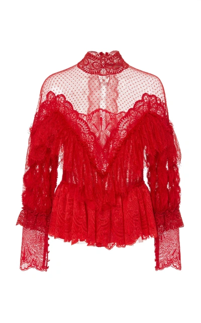 Shop Amen Couture Ruffle Lace Blouse In Red