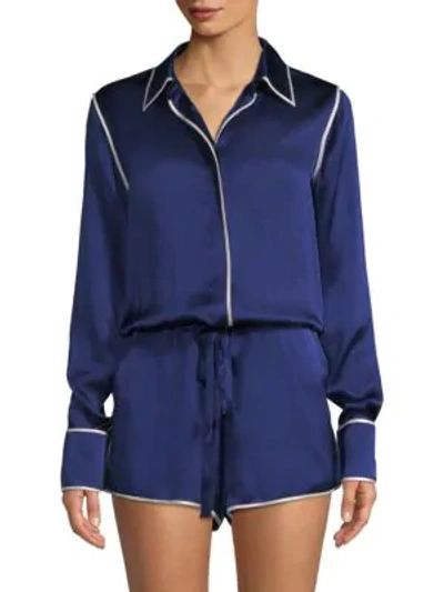 Shop Alexis Lareyne Twist Silk Pajama Romper In Sterling Navy