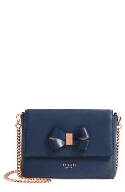 Shop Ted Baker Bowii Bow Mini Bark Leather Crossbody Bag - Blue In Navy