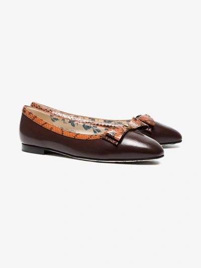 Shop Gucci Brown Snakeskin Bow Leather Ballet Flats