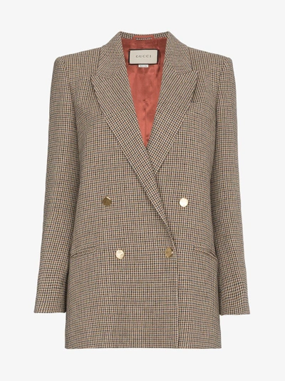 Shop Gucci Houndstooth Linen Jacket With Back Patch In Brown