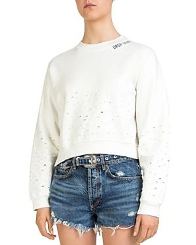 Shop The Kooples Cropped Distressed Sweatshirt In Ecru