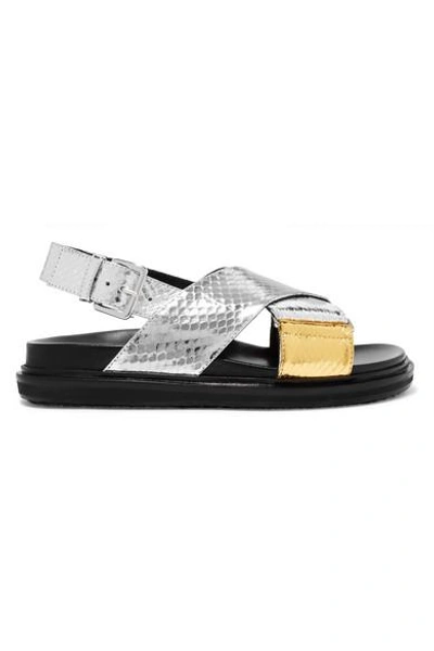 Shop Marni Fussbett Metallic Snake Sandals In Silver