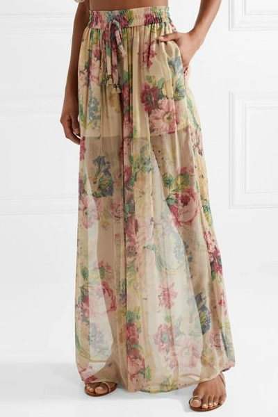 Shop Zimmermann Melody Floral-print Silk-crepon Wide-leg Pants In Beige