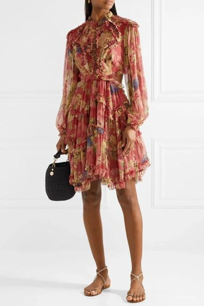 Zimmermann Melody Cutout Floral-print Silk-crepon Mini Dress In Burgundy |  ModeSens