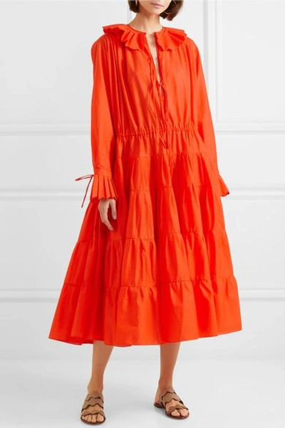 Shop Evi Grintela Marie Tiered Ruffle-trimmed Cotton Midi Dress In Red