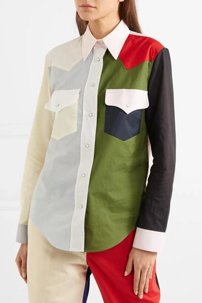 Shop Calvin Klein 205w39nyc Color-block Cotton-poplin Shirt In Green