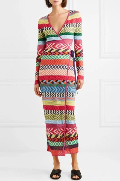 Shop Mary Katrantzou Oceania Striped Knitted Wrap Maxi Dress In Red