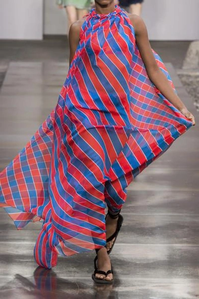 Shop Philosophy Di Lorenzo Serafini Pleated Striped Silk-chiffon Halterneck Gown In Red