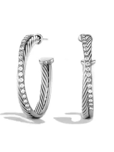 Shop David Yurman Crossover Medium Hoop Earrings With Diamonds In Silver