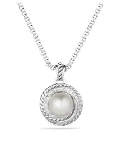 Shop David Yurman Pearl Crossover Pendant With Diamonds On Chain In Silver