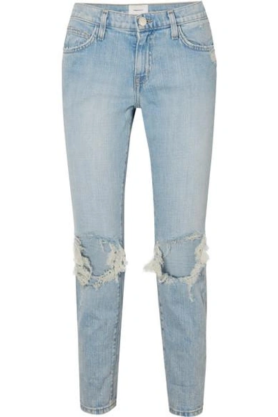 Shop Current Elliott The Fling Distressed Low-rise Slim Boyfriend Jeans In Light Denim