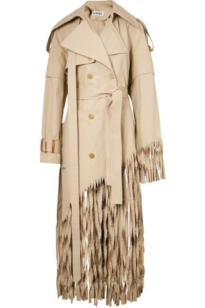 Shop Loewe Distressed Fringed Cotton Trench Coat In Beige