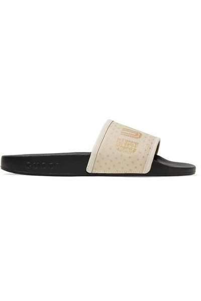 Shop Gucci Leather-trimmed Logo-print Canvas Slides