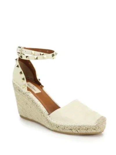 Shop Valentino Rockstud Leather Wedge Espadrilles In Ivory