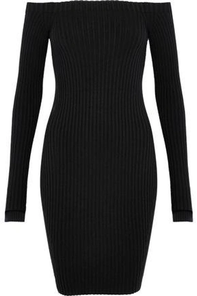 Shop Helmut Lang Off-the-shoulder Ribbed Silk-blend Mini Dress In Black