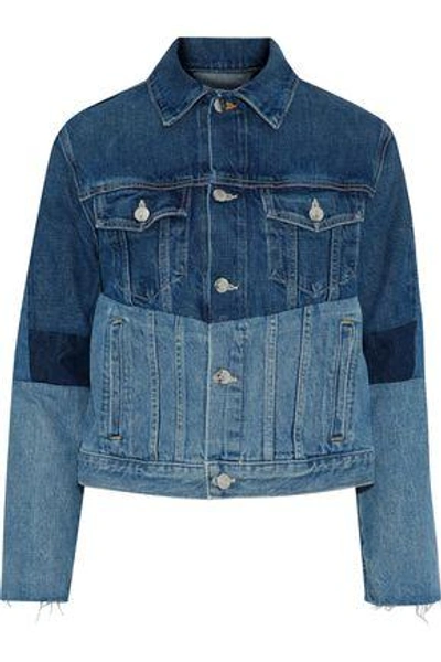 Shop Helmut Lang Woman Frayed Patchwork Denim Jacket Mid Denim