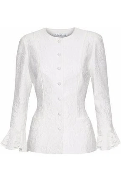 Shop Oscar De La Renta Woman Corded Lace-trimmed Embroidered Cotton-blend Jacket White