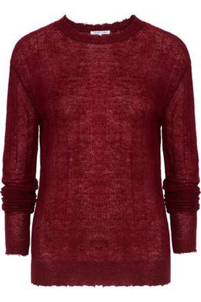 Shop Helmut Lang Distressed Ribbed-knit Sweater In Burgundy