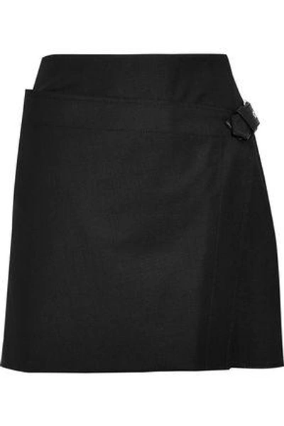 Shop Helmut Lang Buckled Wrap-effect Wool-blend Twill Mini Skirt In Black