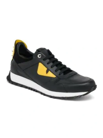 Shop Fendi Men's Bugs Leather Athletic Sneakers In Black Yellow