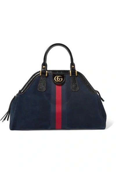 Shop Gucci Re(belle) Small Patent Leather-trimmed Suede Tote In Navy